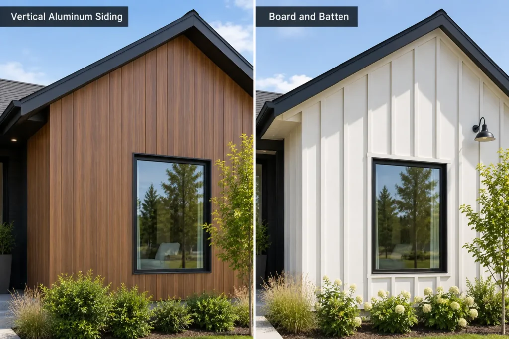 Side-by-side comparison of vertical woodgrain aluminum siding and white board and batten siding on modern gable walls