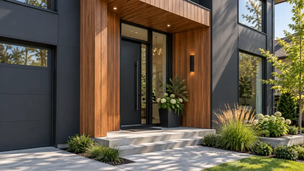 Modern home entrance framed with vertical woodgrain aluminum siding panels and dark exterior cladding