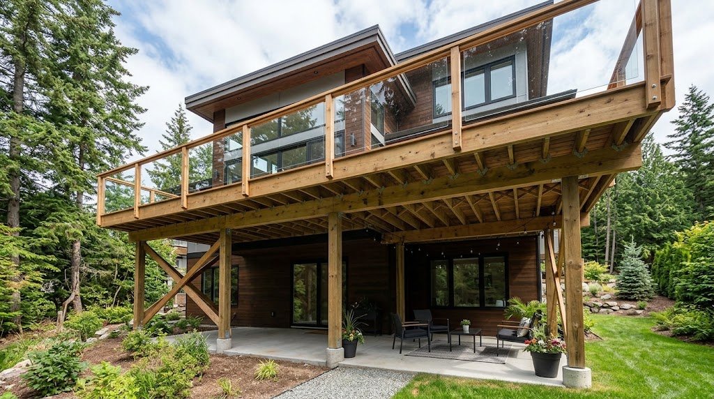 Elevated residential deck with exposed joists and open patio space underneath