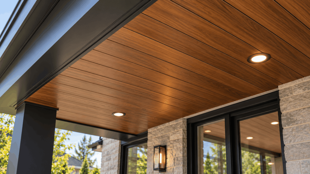Close-up of woodgrain extruded aluminum soffit on a covered porch ceiling