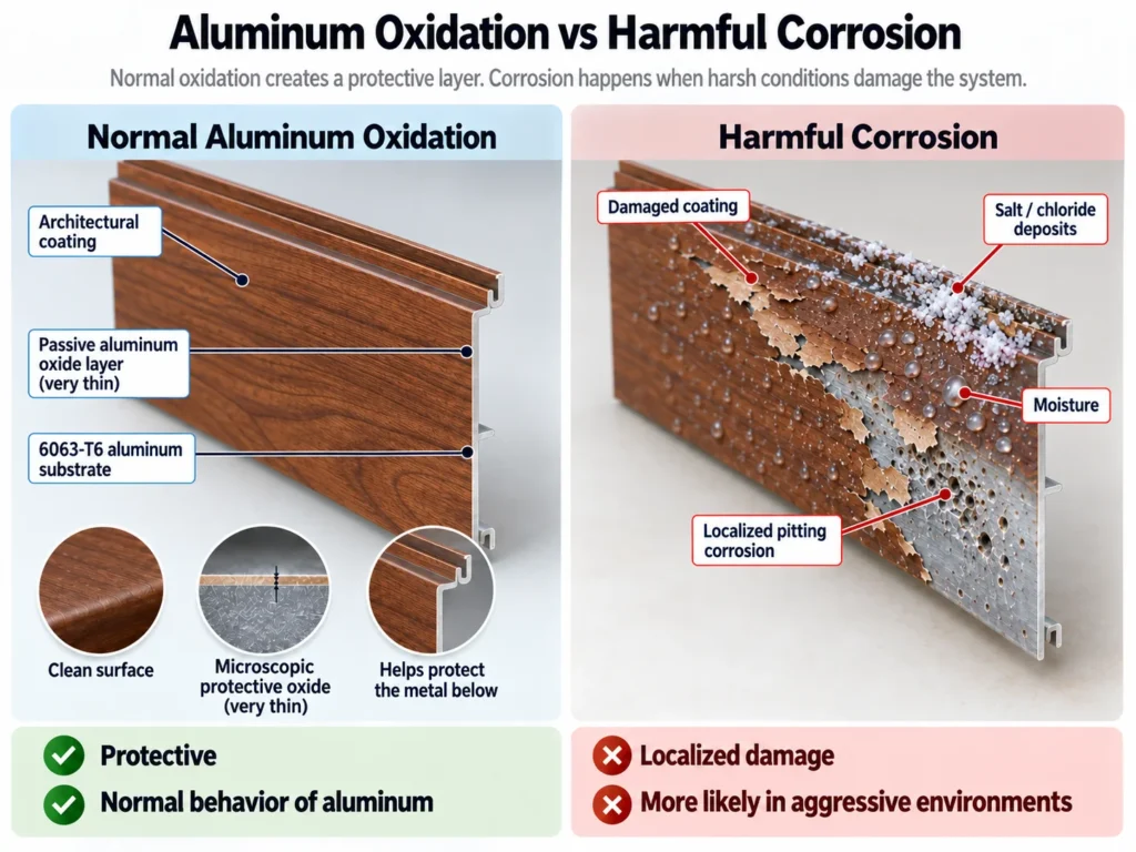 Aluminum oxidation vs corrosion showing protective oxide layer and localized corrosion