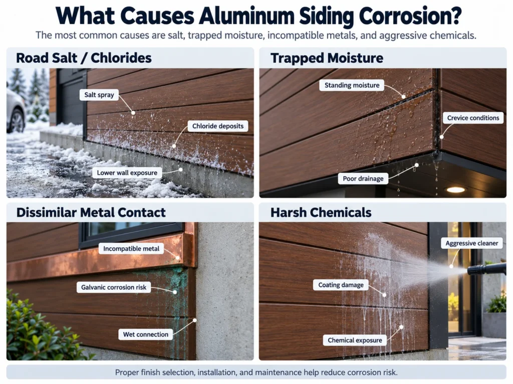 Common causes of aluminum siding corrosion including road salt moisture chemicals and dissimilar metals
