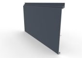 A side profile view of a modern slate gray aluminum siding panel showing its interlocking mounting channel.